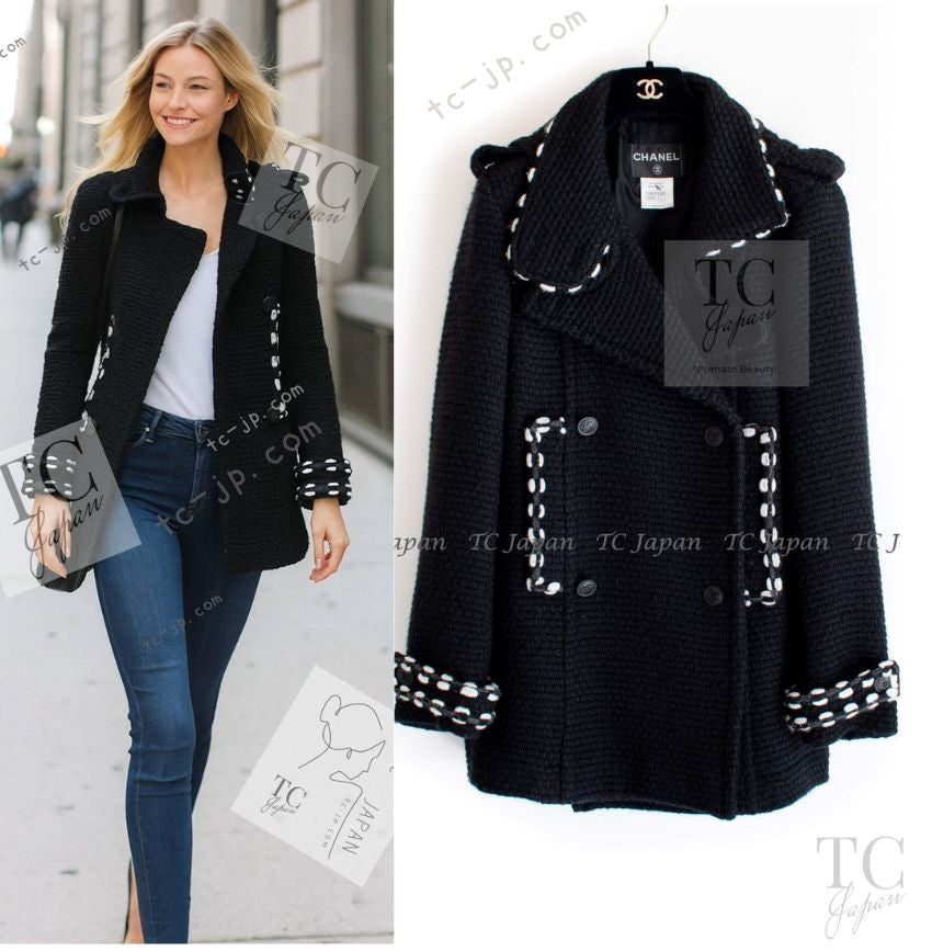 CHANEL 10A Black White Trim Wool Knit Jacket Coat 38 シャネル ブラック ホワイト トリム ウール ニット ジャケット コート 即発