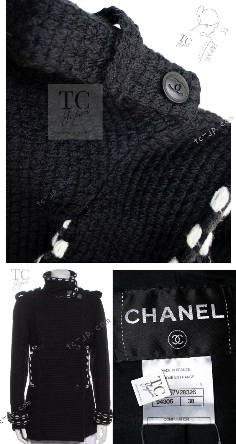 CHANEL 10A Black White Trim Wool Knit Jacket Coat 38 シャネル ブラック ホワイト トリム ウール ニット ジャケット コート 即発