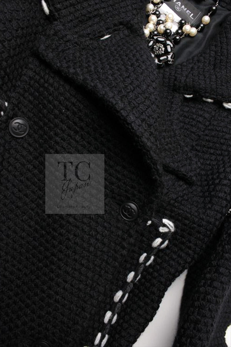 CHANEL 10A Black White Trim Wool Knit Jacket Coat 38 シャネル ブラック ホワイト トリム ウール ニット ジャケット コート 即発