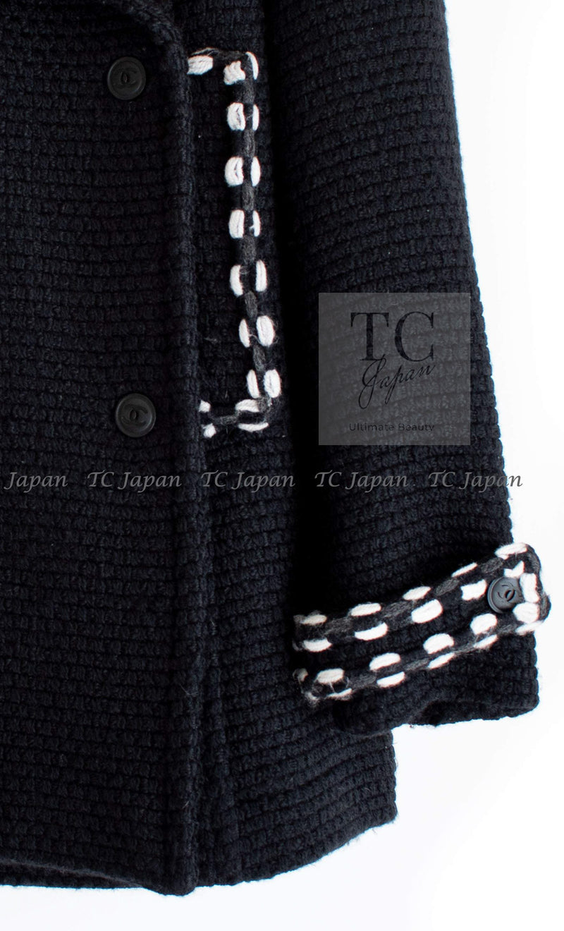 CHANEL 10A Black White Trim Wool Knit Jacket Coat 38 シャネル ブラック ホワイト トリム ウール ニット ジャケット コート 即発