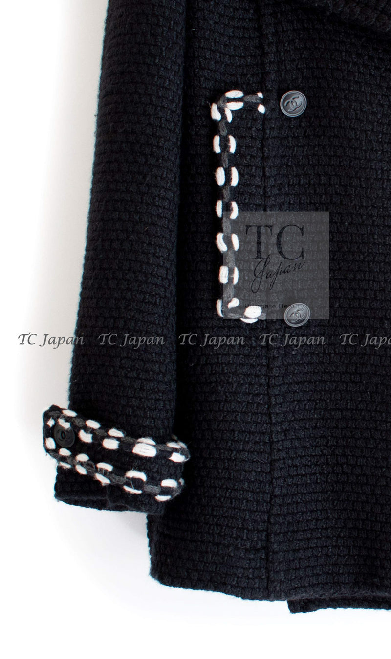 CHANEL 10A Black White Trim Wool Knit Jacket Coat 38 シャネル ブラック ホワイト トリム ウール ニット ジャケット コート 即発