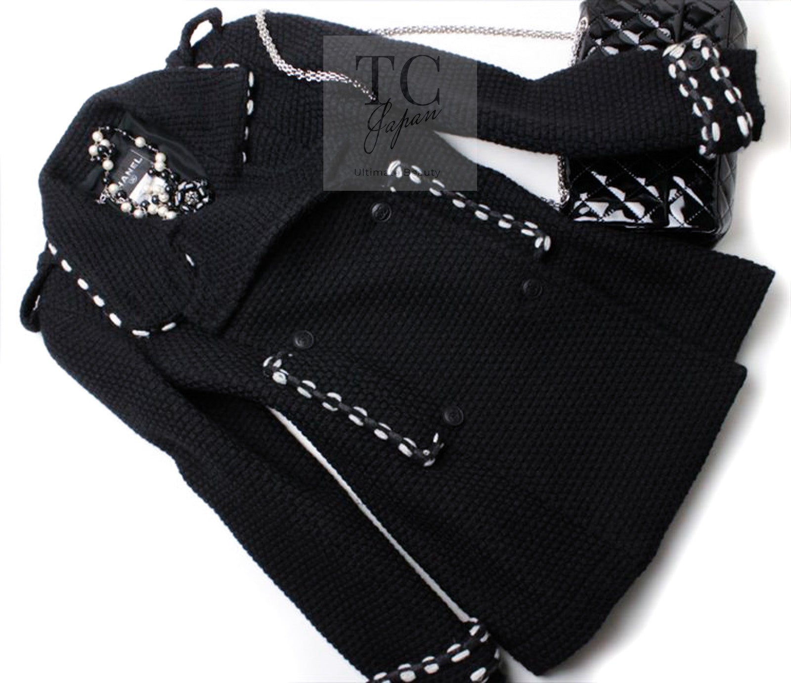 シャネル ジャケット コート CHANEL ブラック ホワイト トリム ウール