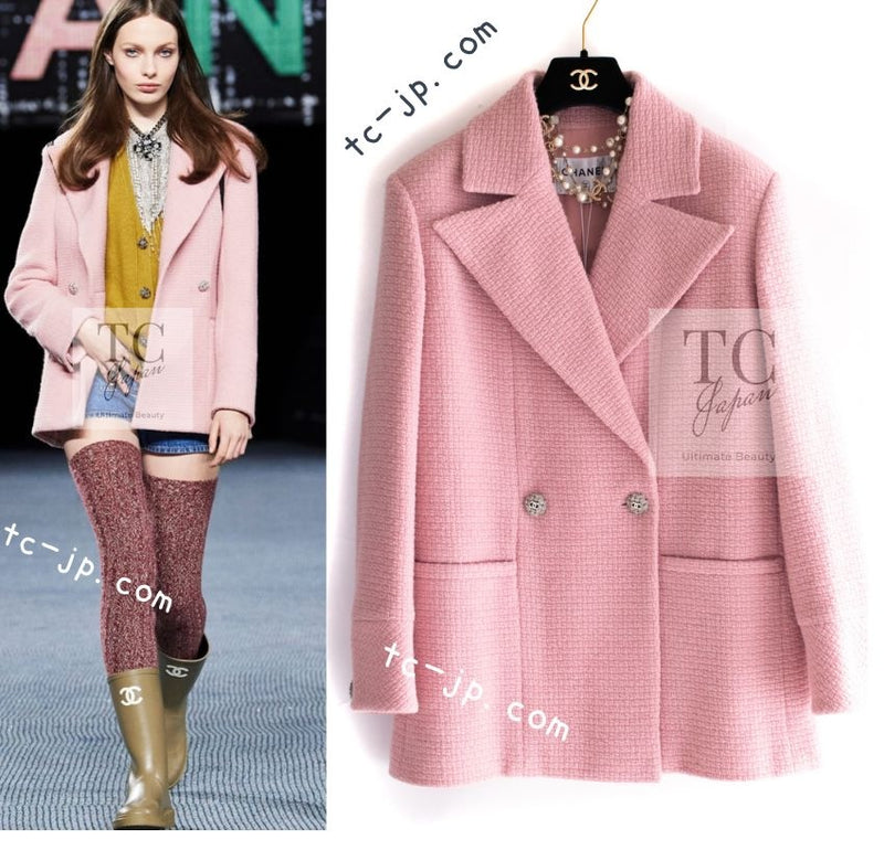 CHANEL 22A Pink Wool 100% Double Tweed Jacket 44 46 シャネル ピンク ウール 100% ダブル ツイード ジャケット 即発