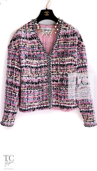 CHANEL 22PS Pink Multicolor Braid Trimming Collarless Jacket 38 シャネル ピンク マルチカラー ブレイドトリミング ノーカラー ジャケット 即発