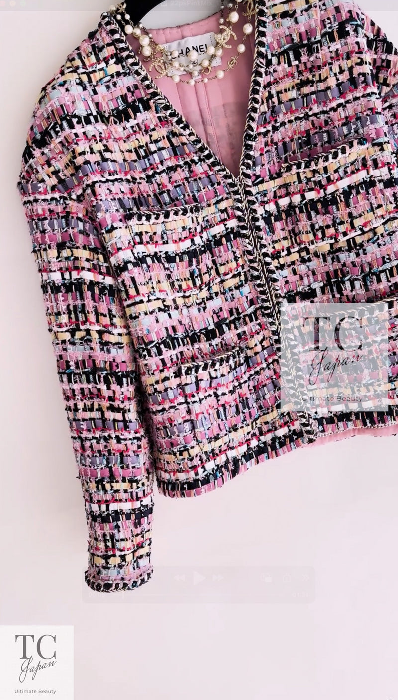 CHANEL 22PS Pink Multicolor Braid Trimming Collarless Jacket 38 シャネル ピンク マルチカラー ブレイドトリミング ノーカラー ジャケット 即発