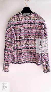 CHANEL 22PS Pink Multicolor Braid Trimming Collarless Jacket 38 シャネル ピンク マルチカラー ブレイドトリミング ノーカラー ジャケット 即発