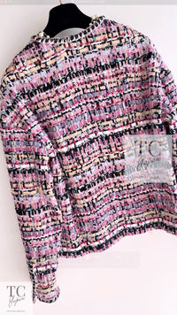 CHANEL 22PS Pink Multicolor Braid Trimming Collarless Jacket 38 シャネル ピンク マルチカラー ブレイドトリミング ノーカラー ジャケット 即発