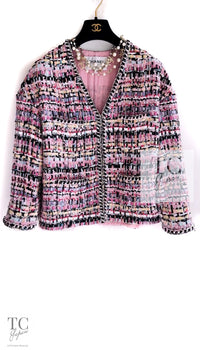 CHANEL 22PS Pink Multicolor Braid Trimming Collarless Jacket 38 シャネル ピンク マルチカラー ブレイドトリミング ノーカラー ジャケット 即発