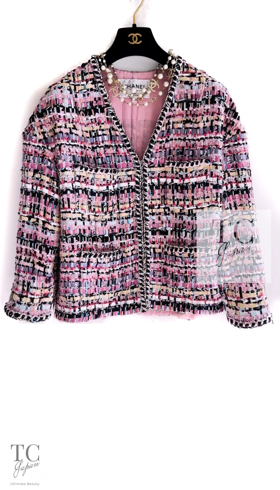 CHANEL 22PS Pink Multicolor Braid Trimming Collarless Jacket 38 シャネル ピンク マルチカラー ブレイドトリミング ノーカラー ジャケット 即発