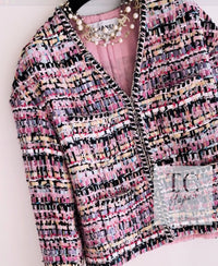 CHANEL 22PS Pink Multicolor Braid Trimming Collarless Jacket 38 シャネル ピンク マルチカラー ブレイドトリミング ノーカラー ジャケット 即発