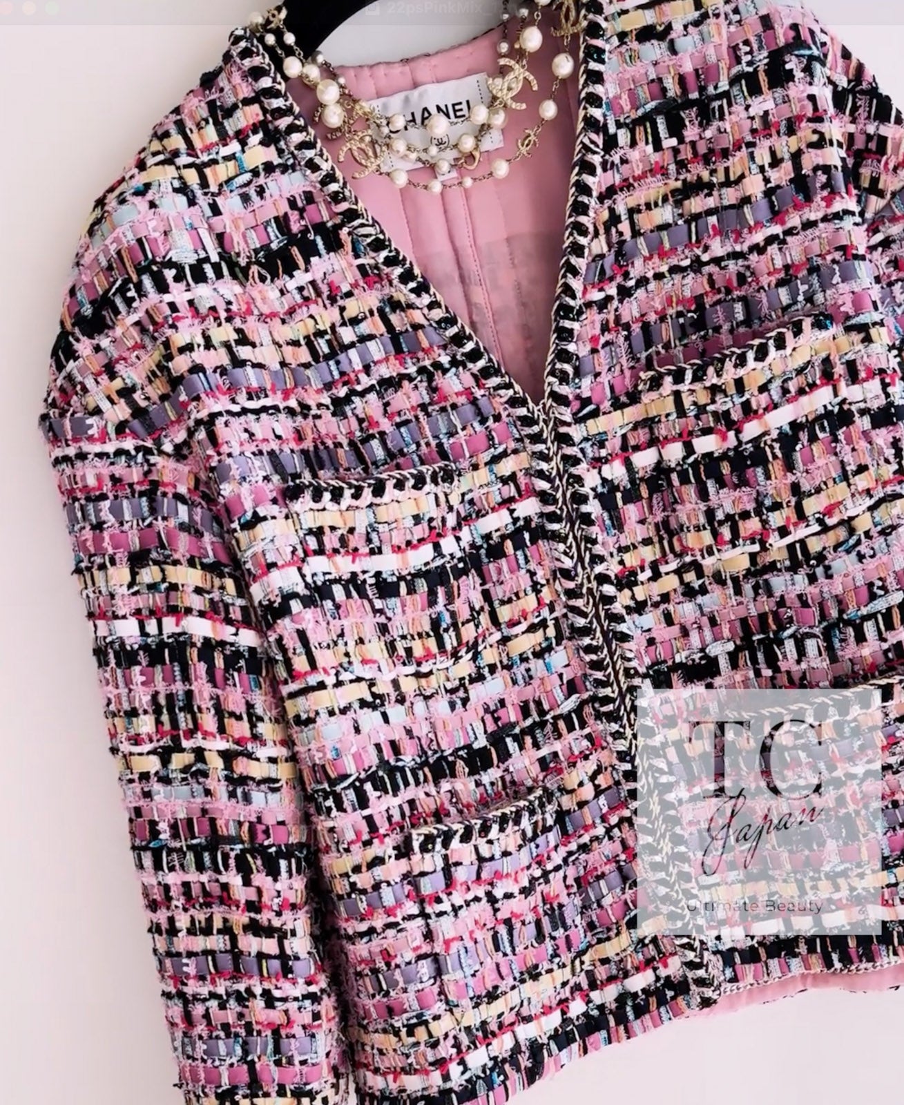 CHANEL 22PS Pink Multicolor Braid Trimming Collarless Jacket 38 シャネル ピンク マルチカラー ブレイドトリミング ノーカラー ジャケット 即発