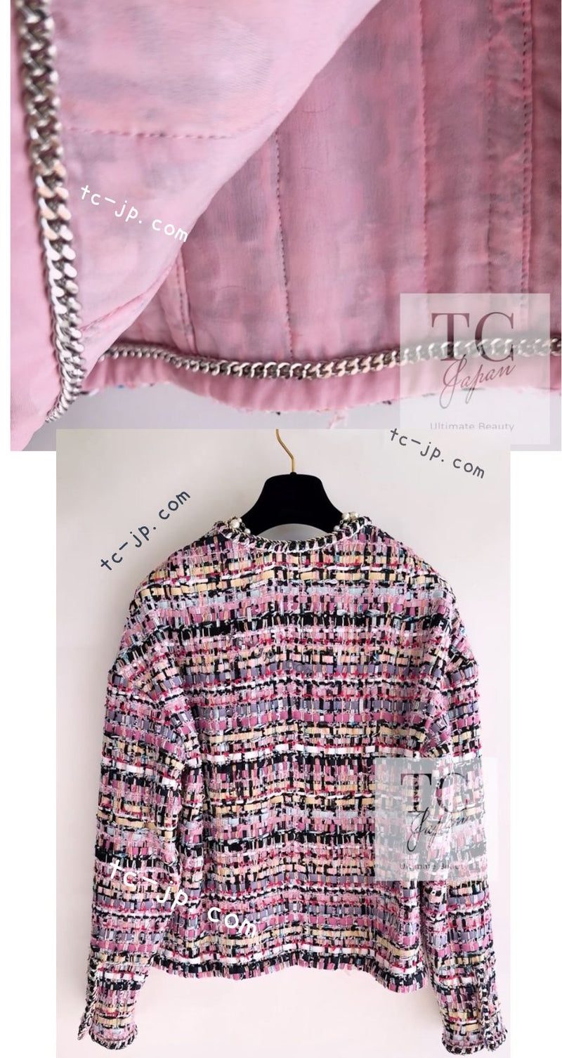 CHANEL 22PS Pink Multicolor Braid Trimming Collarless Jacket 38 シャネル ピンク マルチカラー ブレイドトリミング ノーカラー ジャケット 即発