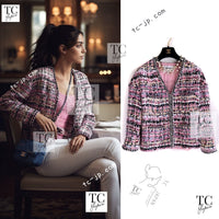 CHANEL 22PS Pink Multicolor Braid Trimming Collarless Jacket 38 シャネル ピンク マルチカラー ブレイドトリミング ノーカラー ジャケット 即発