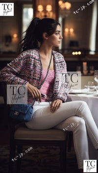 CHANEL 22PS Pink Multicolor Braid Trimming Collarless Jacket 38 シャネル ピンク マルチカラー ブレイドトリミング ノーカラー ジャケット 即発