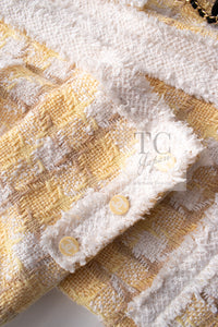 CHANEL 04C Yellow White Checked Fringe Tweed Jacket 40 シャネル イエロー ホワイト チェック フリンジ ツイード ジャケット 即発