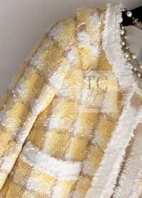 CHANEL 04C Yellow White Checked Fringe Tweed Jacket 40 シャネル イエロー ホワイト チェック フリンジ ツイード ジャケット 即発