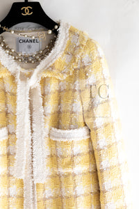 CHANEL 04C Yellow White Checked Fringe Tweed Jacket 40 シャネル イエロー ホワイト チェック フリンジ ツイード ジャケット 即発