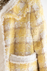 CHANEL 04C Yellow White Checked Fringe Tweed Jacket 40 シャネル イエロー ホワイト チェック フリンジ ツイード ジャケット 即発