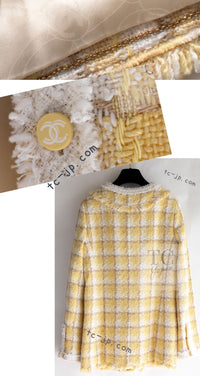 CHANEL 04C Yellow White Checked Fringe Tweed Jacket 40 シャネル イエロー ホワイト チェック フリンジ ツイード ジャケット 即発