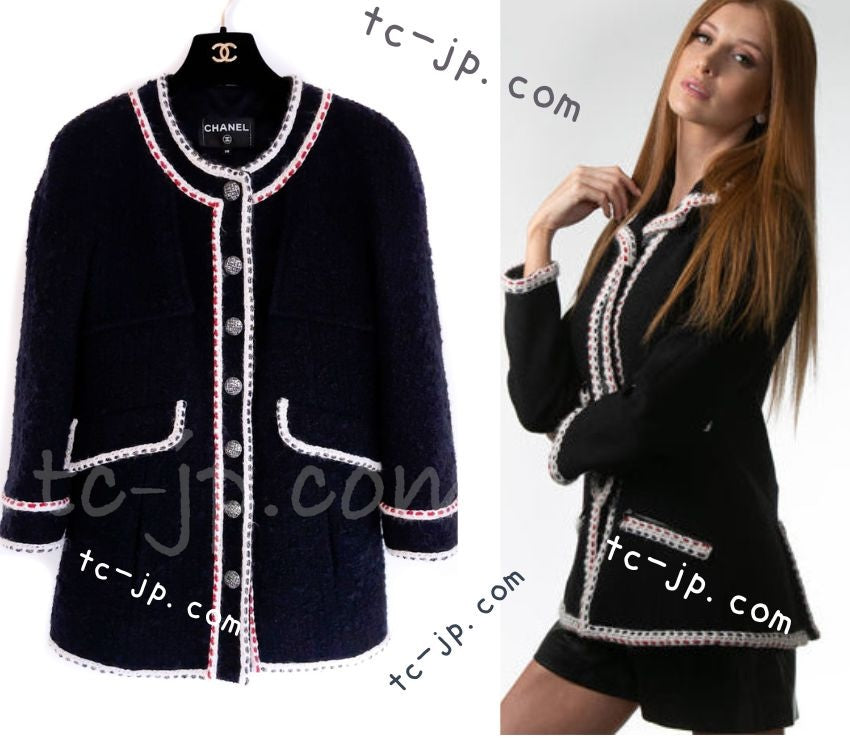 CHANEL 18PA Dark Navy Red Ivory Tricolor Braid Trim Wool Tweed Jacket Coat 38 シャネル ダーク ネイビー レッド アイボリー トリコロール ブレード トリム ウール ジャケット コート 即発