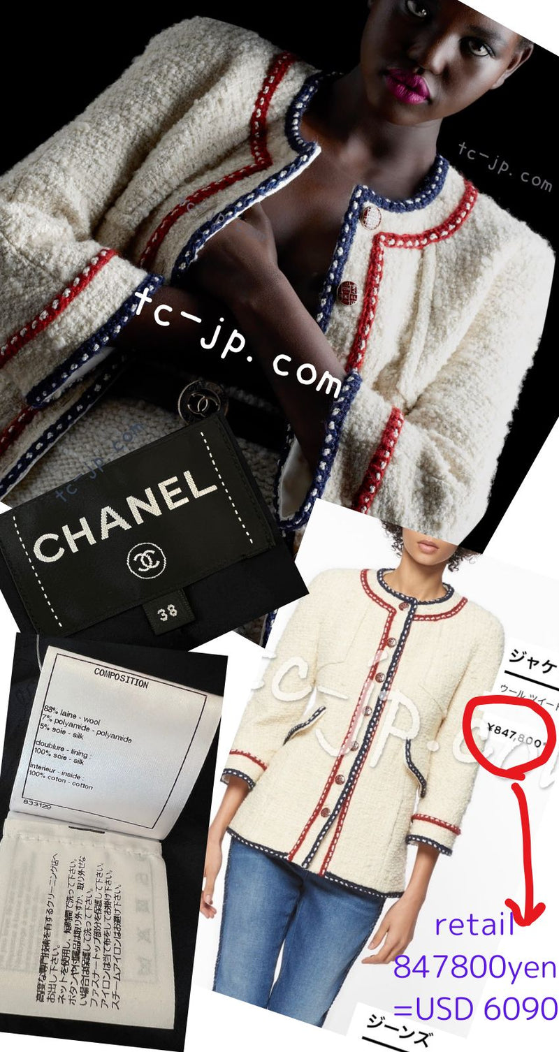 CHANEL 18PA Dark Navy Red Ivory Tricolor Braid Trim Wool Tweed Jacket Coat 36 38 シャネル ダーク ネイビー レッド アイボリー トリコロール ブレード トリム ウール ジャケット コート 即発