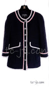 CHANEL 18PA Dark Navy Red Ivory Tricolor Braid Trim Wool Tweed Jacket Coat 36 38 シャネル ダーク ネイビー レッド アイボリー トリコロール ブレード トリム ウール ジャケット コート 即発