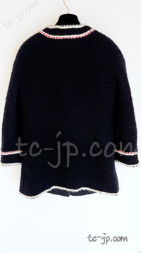 CHANEL 18PA Dark Navy Red Ivory Tricolor Braid Trim Wool Tweed Jacket Coat 36 38 シャネル ダーク ネイビー レッド アイボリー トリコロール ブレード トリム ウール ジャケット コート 即発