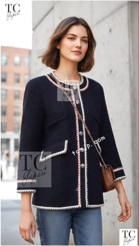 CHANEL 18PA Dark Navy Red Ivory Tricolor Braid Trim Wool Tweed Jacket Coat 34 36 12