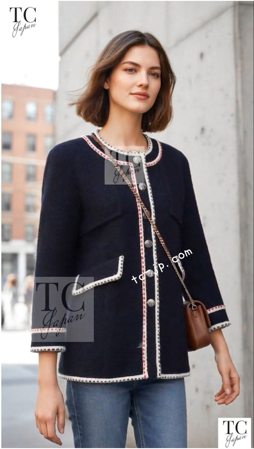 CHANEL 18PA Ivory Navy Red Tricolor Braid Trim Wool Tweed Jacket Coat 36 38 | HK