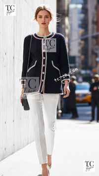 CHANEL 18PA Ivory Navy Red Tricolor Braid Trim Wool Tweed Jacket Coat 36 38 | HK