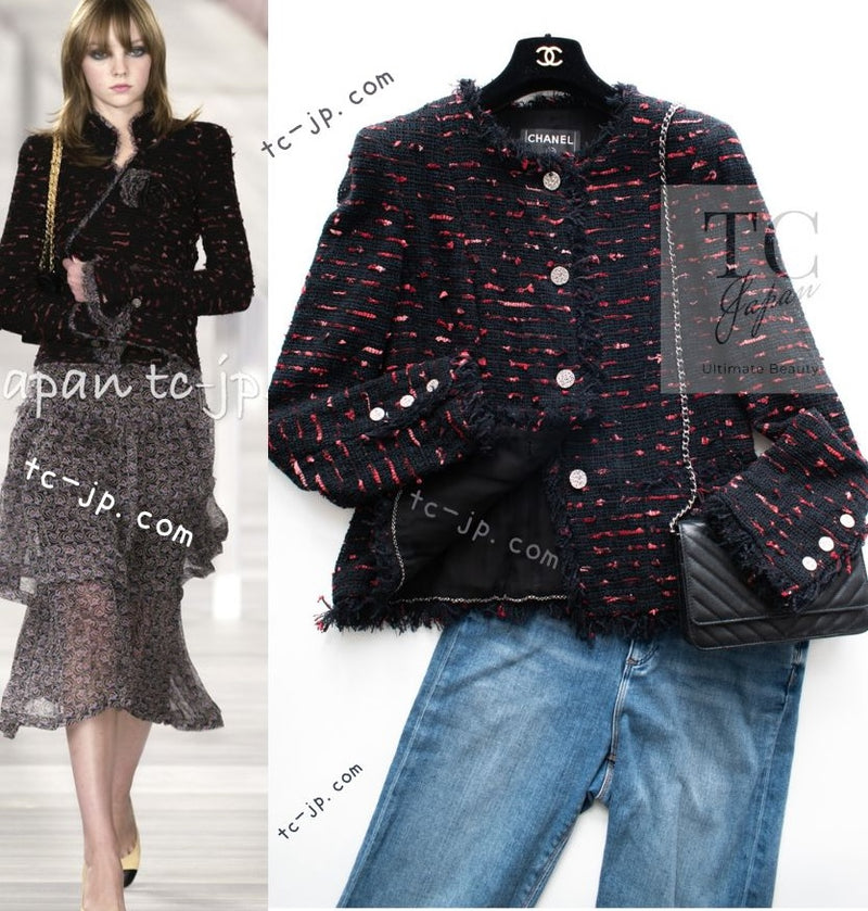 CHANEL 04S Red Black Lesage Fringe Tweed Jacket 42 シャネル レッド ブラック ルサージュ フリンジ ツイード ジャケット 即発