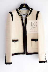 CHANEL 09PF Ivory Black Red Trim Moscow Wool Tweed Jacket 36 シャネル アイボリー ブラック レッド トリム ロマノフ ウール ツイード ジャケット 即発