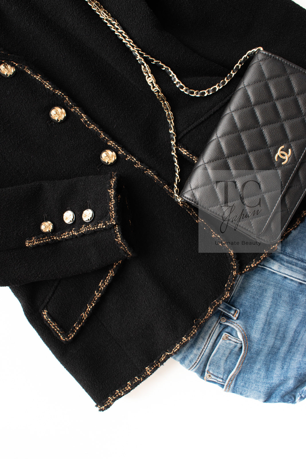 シャネル ジャケット CHANEL ブラック ゴールド ライン トリム ウール