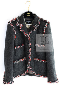 CHANEL 13PF Gray Black Trim Wool Tweed Jacket 36 38 シャネル グレー ブラック トリミング ウール ツイード ジャケット 即発