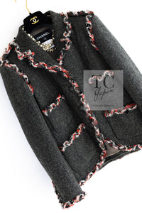 CHANEL 13PF Gray Black Trim Wool Tweed Jacket 36 38 シャネル グレー ブラック トリミング ウール ツイード ジャケット 即発