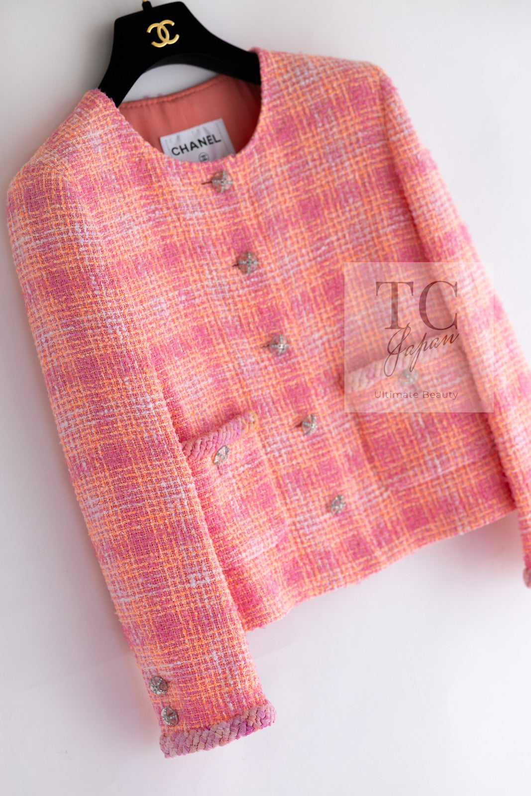 CHANEL 24C Pink Orange Collarless Tweed Jacket 38 2