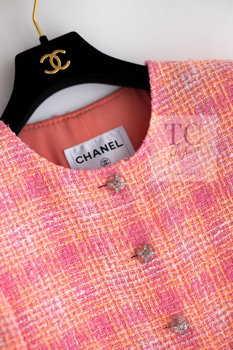 CHANEL 24C Pink Orange Collarless Tweed Jacket 38 シャネル ピンク オレンジ ノーカラー ツイード ジャケット 即発