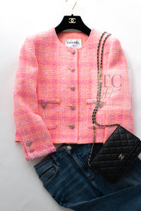 CHANEL 24C Pink Orange Collarless Tweed Jacket 38 シャネル ピンク オレンジ ノーカラー ツイード ジャケット 即発