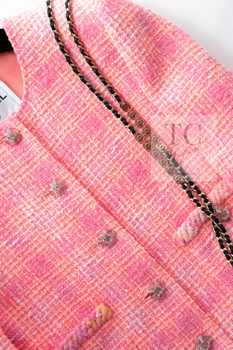 CHANEL 24C Pink Orange Collarless Tweed Jacket 38 シャネル ピンク オレンジ ノーカラー ツイード ジャケット 即発