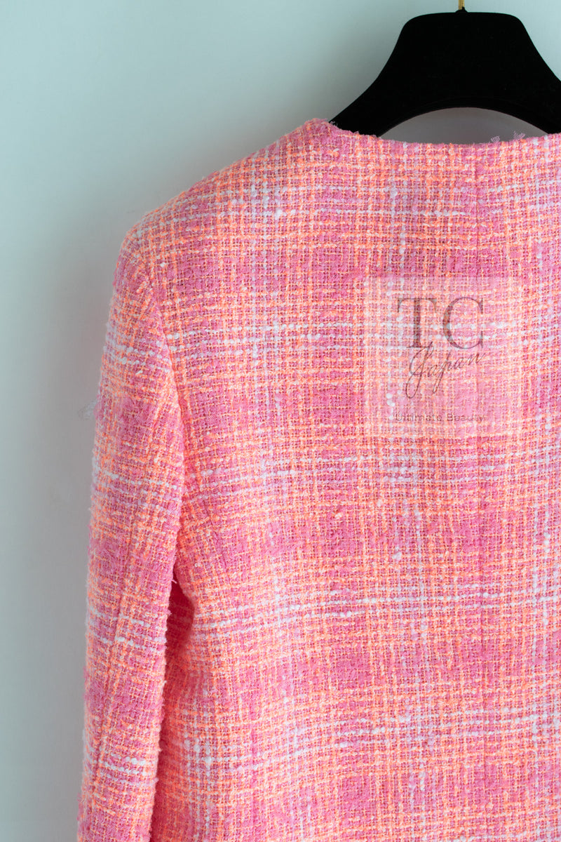 CHANEL 24C Pink Orange Collarless Tweed Jacket 38 シャネル ピンク オレンジ ノーカラー ツイード ジャケット 即発