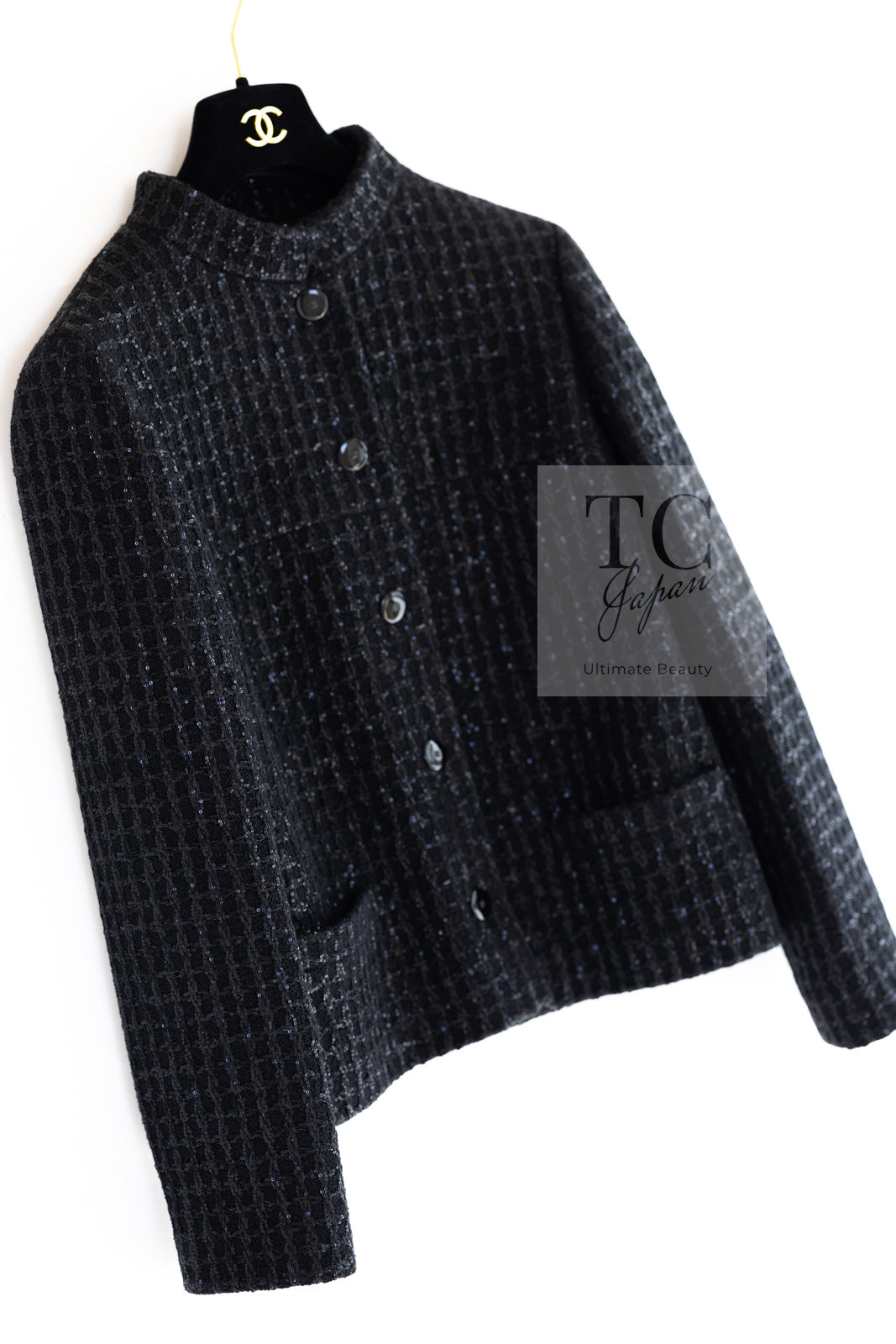 シャネル ジャケット CHANEL ブラック スパンコール スタンド