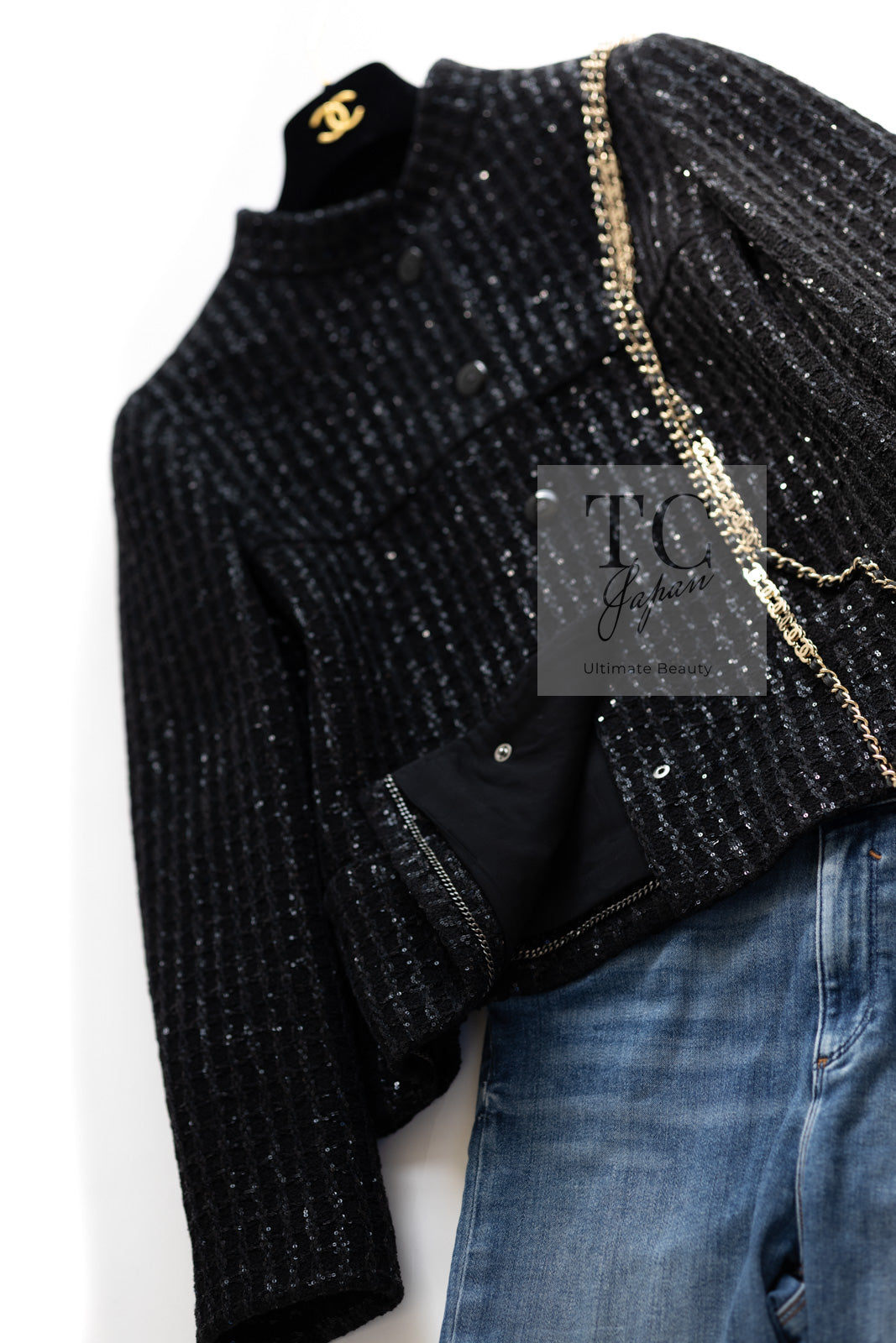 シャネル ジャケット CHANEL ブラック スパンコール スタンド