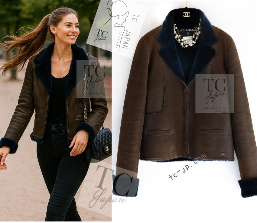 CHANEL 04A Brown Lambskin Leather Shearling Riders Zipper Jacket 38 シャネル ブラウン ラムスキン レザー ムートン ライダース ジッパー ジャケット 即発