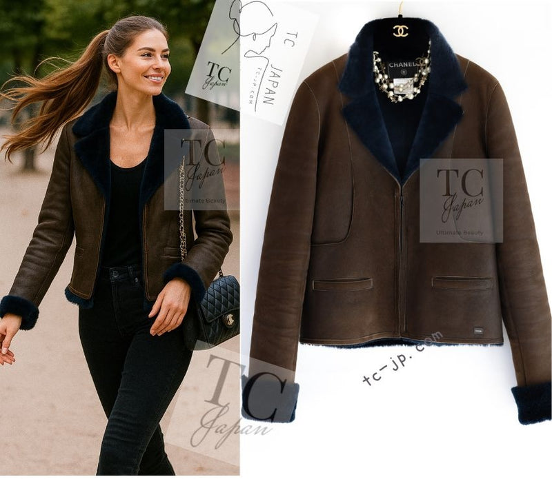 CHANEL 04A Brown Lambskin Leather Shearling Riders Zipper Jacket 38 シャネル ブラウン ラムスキン レザー ムートン ライダース ジッパー ジャケット 即発