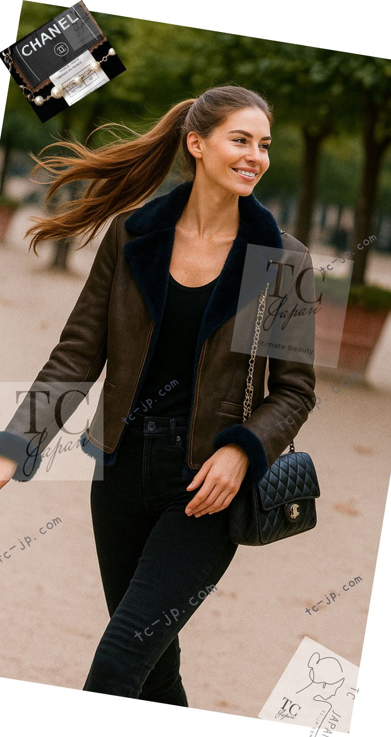 CHANEL 04A Brown Lambskin Leather Shearling Riders Zipper Jacket 38 シャネル ブラウン ラムスキン レザー ムートン ライダース ジッパー ジャケット 即発