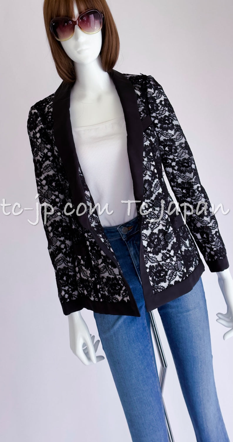 シャネル ジャケット CHANEL ブラック ホワイト フローラル レース