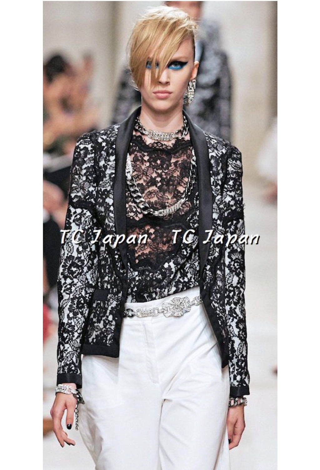 シャネル ジャケット CHANEL ブラック ホワイト フローラル レース