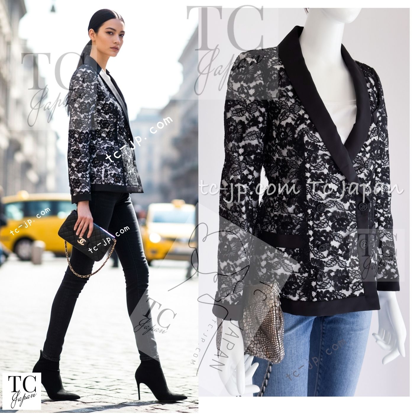 CHANEL 14C Black White Floral Lace Party Double Jacket 34 36 シャネル ブラック ホワイト フローラル レース パーティー ダブル ジャケット 即発
