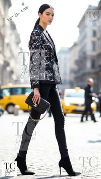 CHANEL 14C Black White Floral Lace Party Double Jacket 34 36 シャネル ブラック ホワイト フローラル レース パーティー ダブル ジャケット 即発