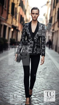 CHANEL 14C Black White Floral Lace Party Double Jacket 34 36 シャネル ブラック ホワイト フローラル レース パーティー ダブル ジャケット 即発
